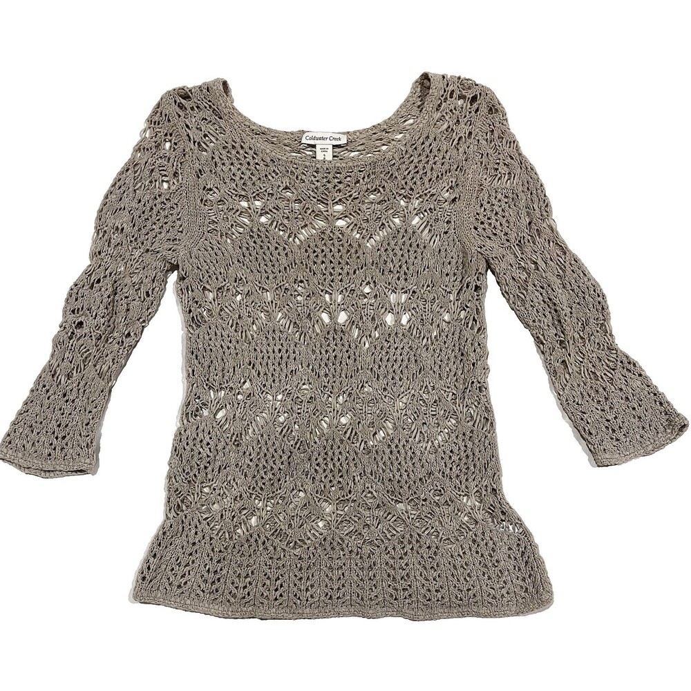 Vintage Coldwater Creek Cotton Nylon Crochet Rag Sweater Beige Tan Bell Sleeve S